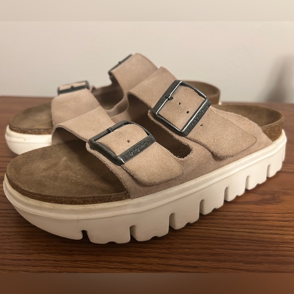 Birkenstock Arizona Chunky Platform Sandals Tan Suede Size 38 Narrow Width - Picture 1 of 9